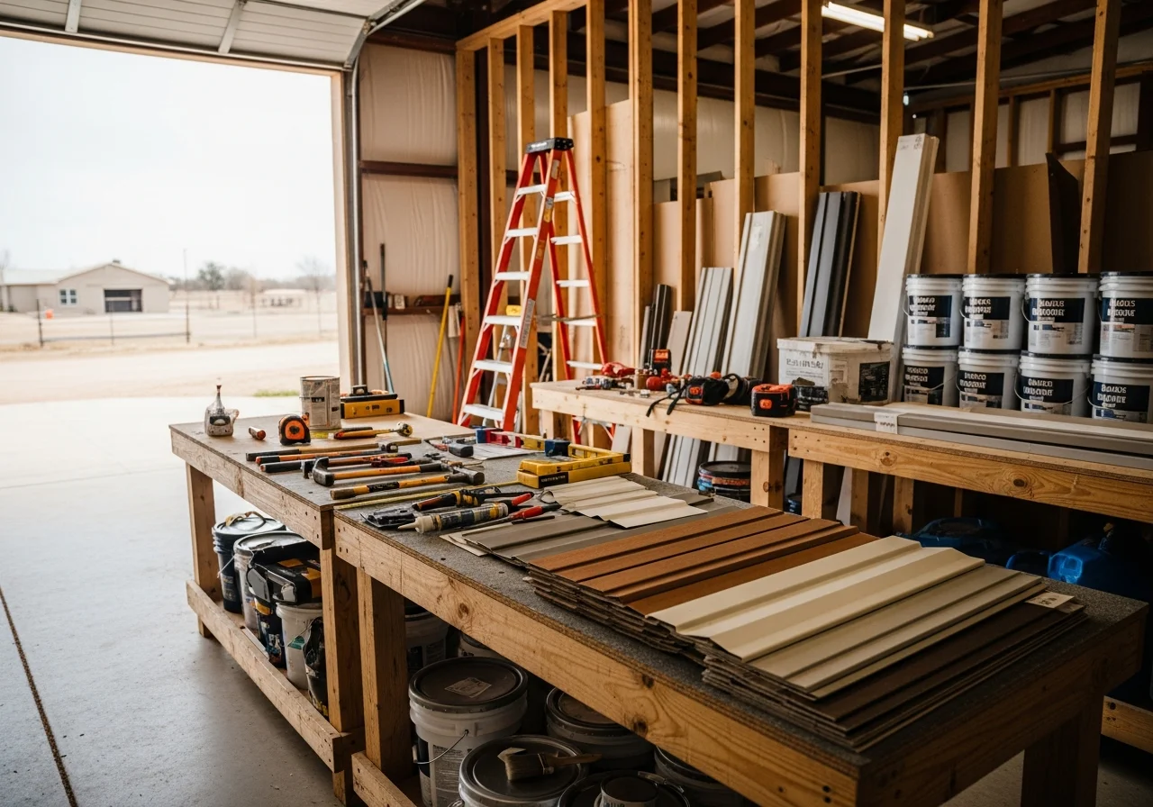 Construction crew and tools on a job site, ready for remodeling work. Shop floor or exterior renovation in progress.