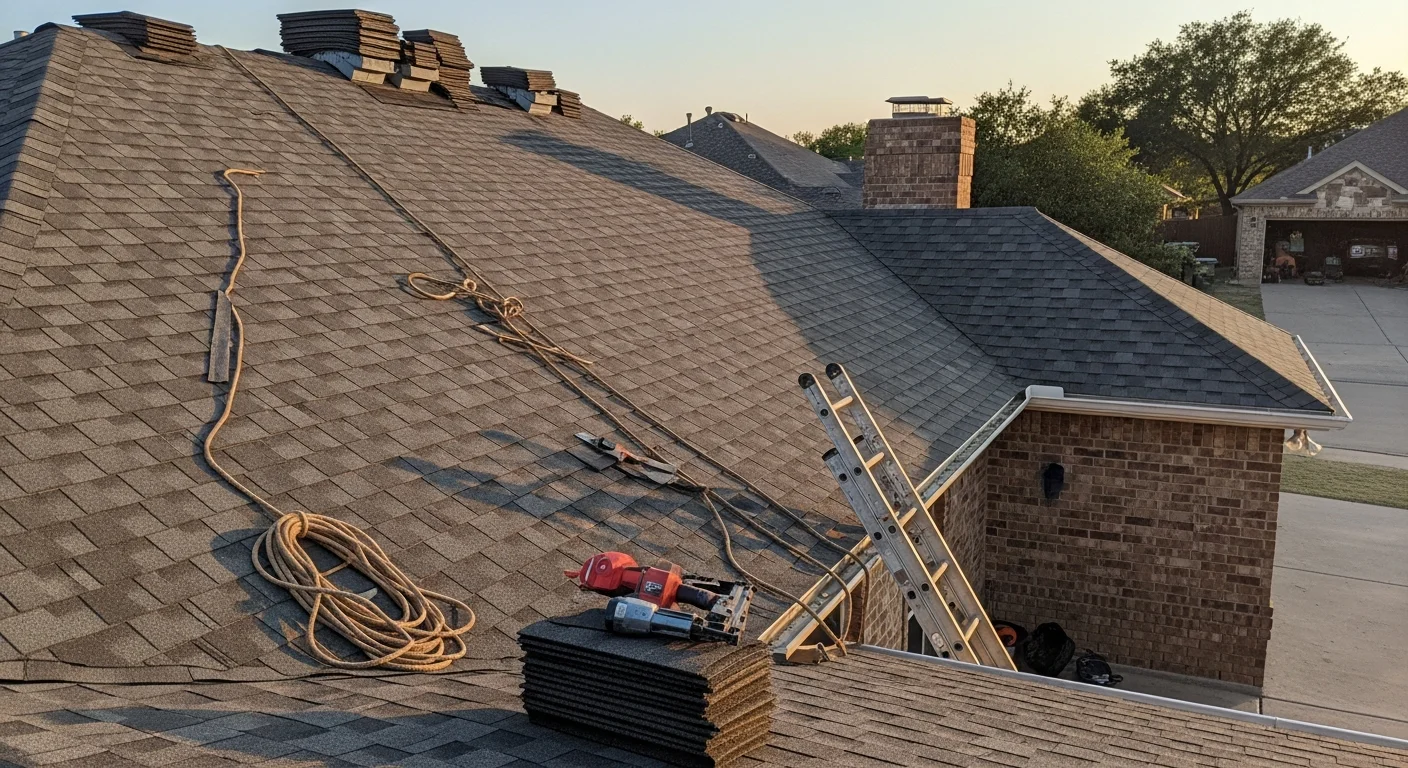 Roofing contractor installing new roof on residential home