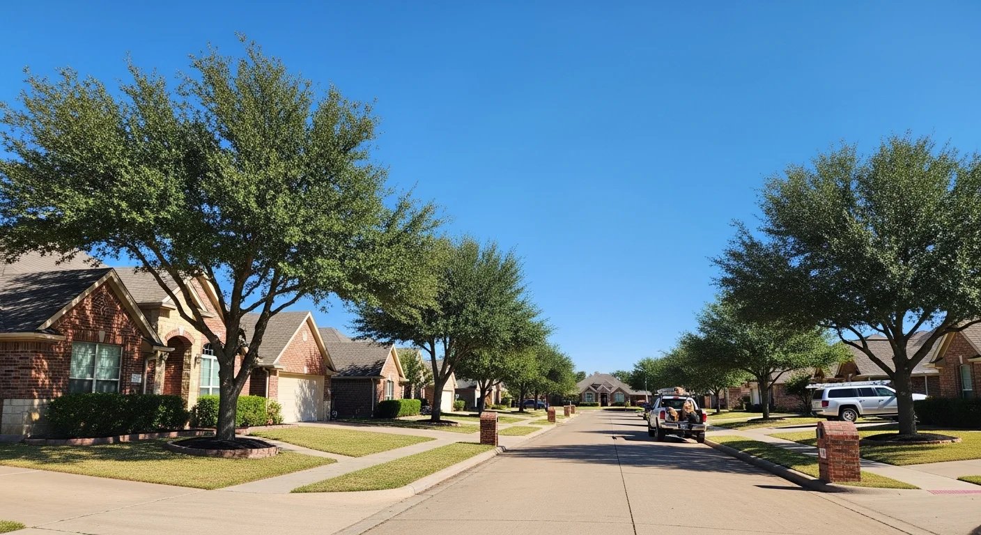 Residential street in Lubbock with well-maintained homes and clear South Plains sky.