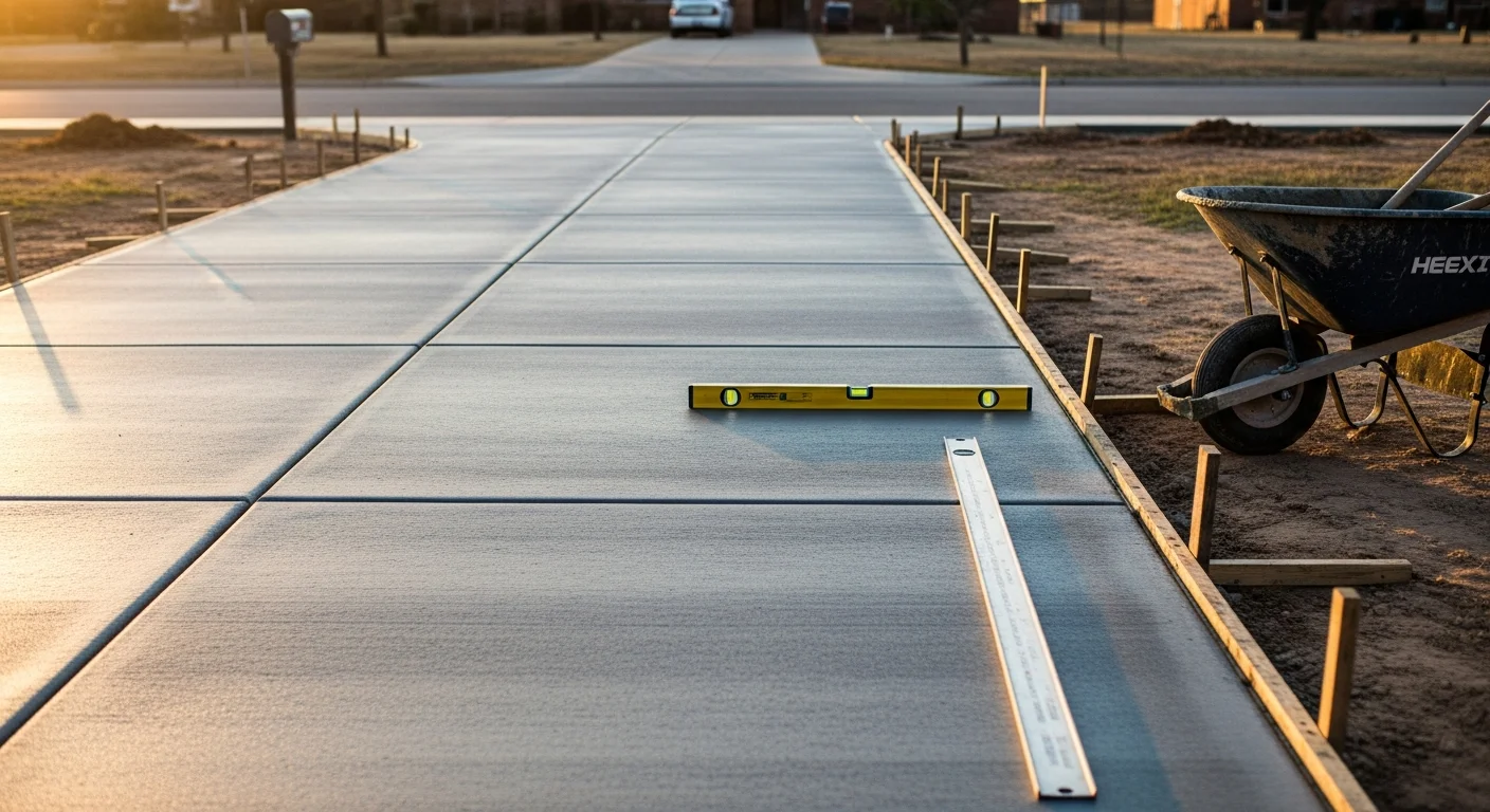 A freshly installed concrete driveway at a residential property in Lubbock, TX, showing a smooth broom-finished surface with clean edges and control joint lines. The slab extends from the street to a two-car garage under a clear West Texas sky.