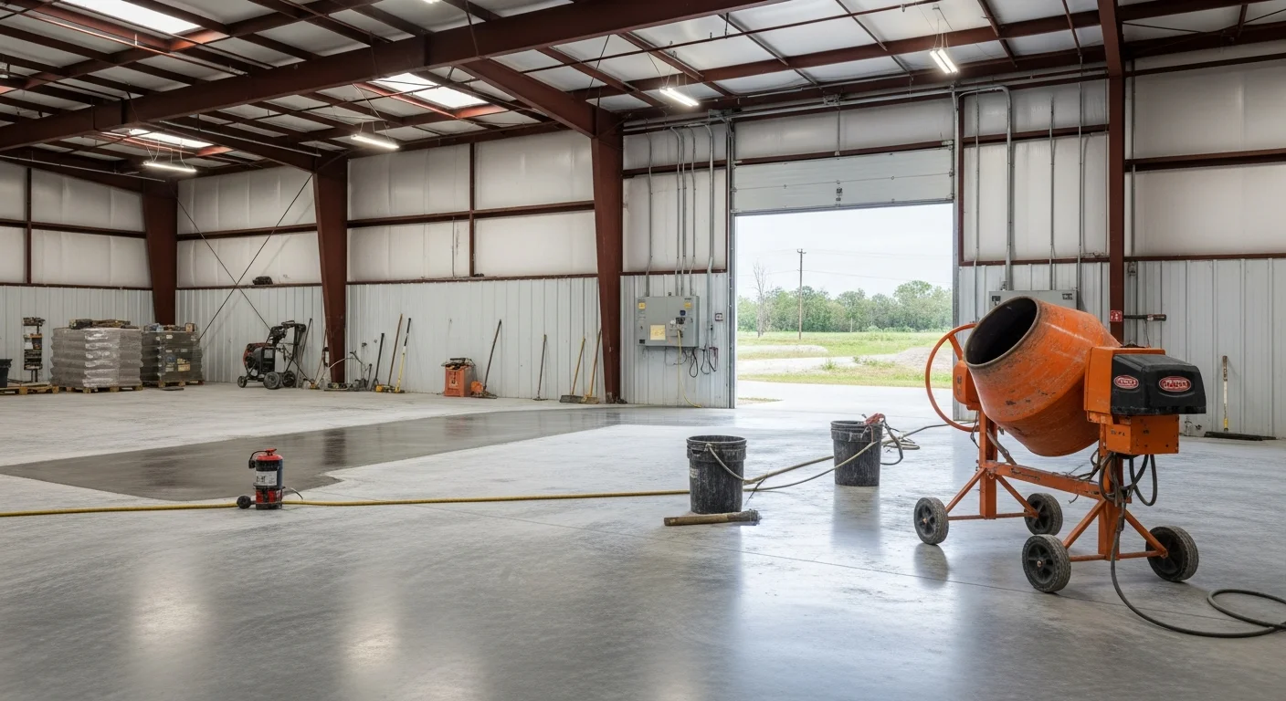 Freshly poured and finished concrete floor inside a residential garage in Lubbock, TX, showing a smooth gray surface with clean edges and visible control joints. The slab was installed by KingMade CRC LLC as part of a full subgrade prep and pour project in West Texas.