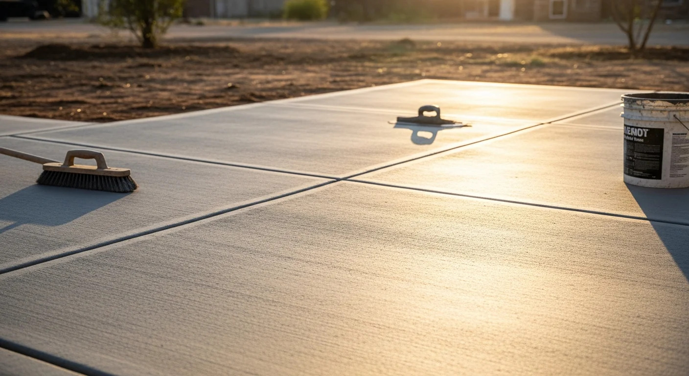 A freshly poured and finished concrete patio slab in a Lubbock, TX residential backyard, showing a broom-textured surface with clean formed edges. The patio extends from the back of a single-story home with a wide open West Texas sky in the background.