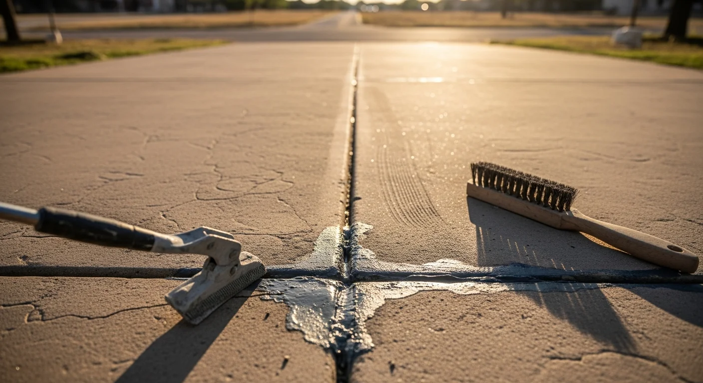 A repaired concrete driveway slab in a Lubbock, TX residential neighborhood, showing sealed cracks and a smooth, level surface. The surrounding soil and dry West Texas landscape are visible in the background.