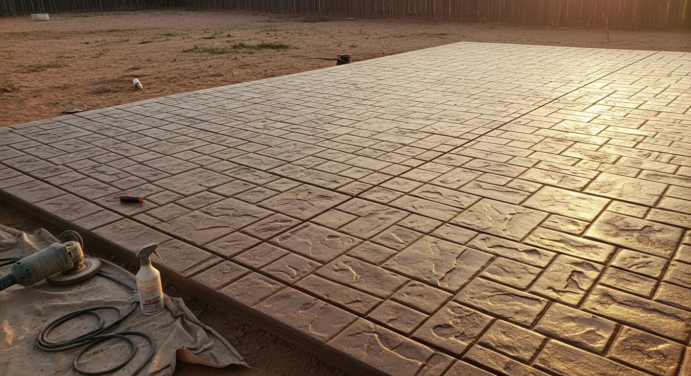 A stamped and stained concrete patio with a stone-pattern finish installed by KingMade CRC LLC at a residential property in Lubbock, TX. The sealed surface shows rich earth-tone coloring under bright West Texas sunlight.