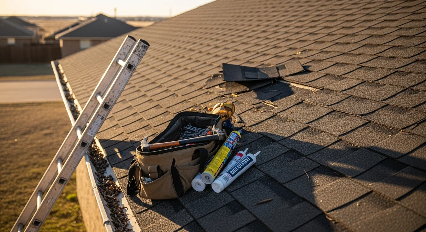 A Lubbock, TX residential roof with hail-damaged and wind-lifted shingles being repaired by a KingMade CRC LLC roofing crew. Close-up view shows granule loss and exposed underlayment typical of West Texas storm damage.
