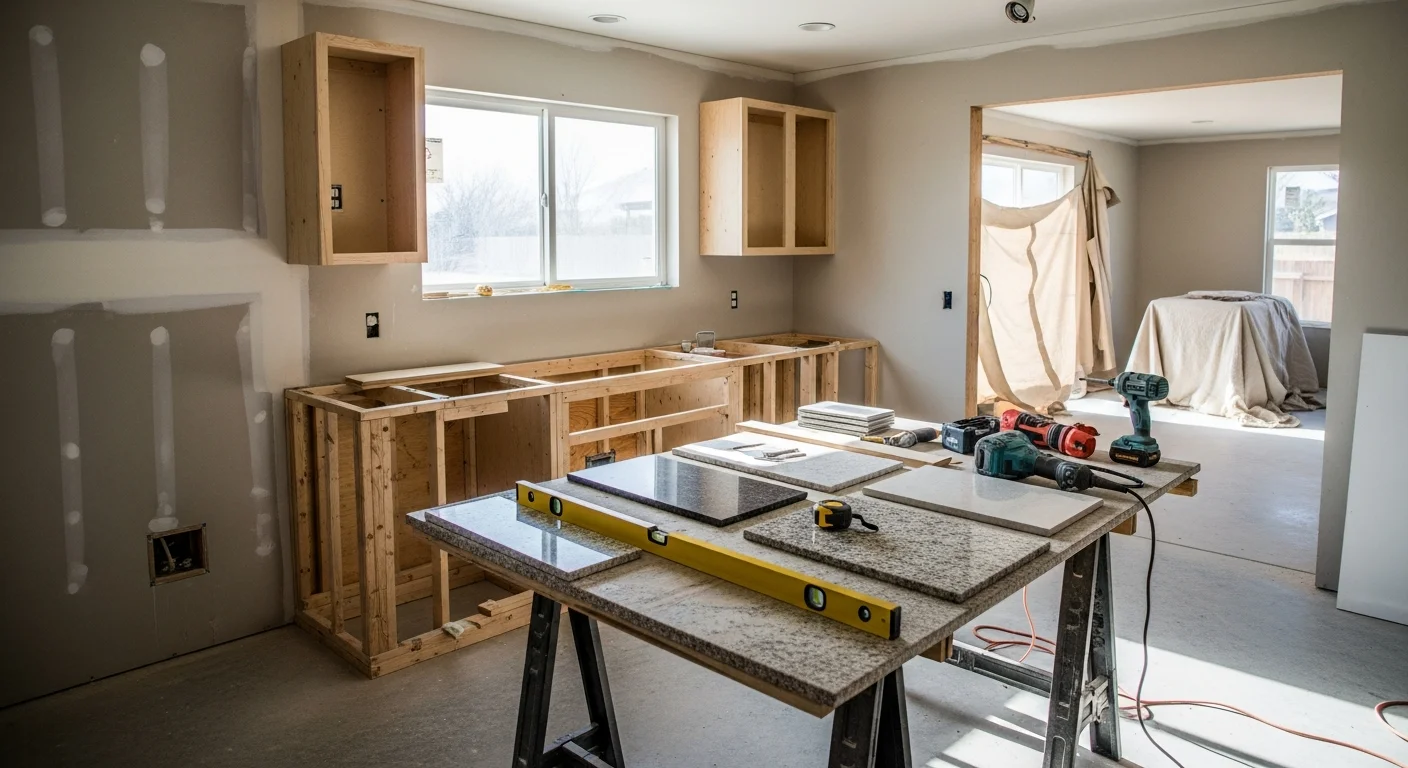 A remodeled kitchen in a single-story Lubbock, TX home featuring open cabinetry, updated countertops, and recessed lighting over a center island. The finished space connects to an adjacent living area through a widened opening completed by KingMade CRC LLC.