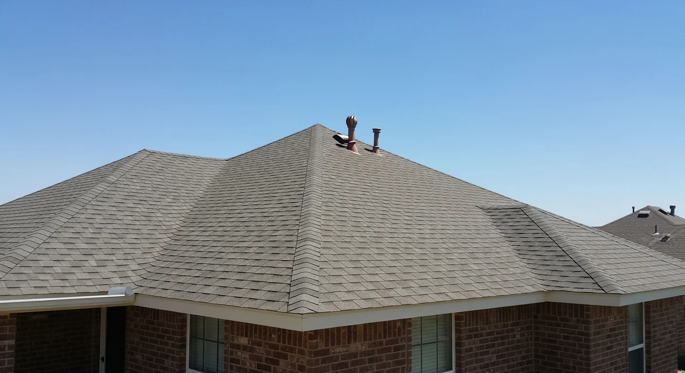A KingMade CRC LLC roofing contractor inspecting shingles and flashing on a residential roof in Lubbock, TX after a hail storm. Close-up view shows granule loss and impact marks consistent with West Texas storm damage.