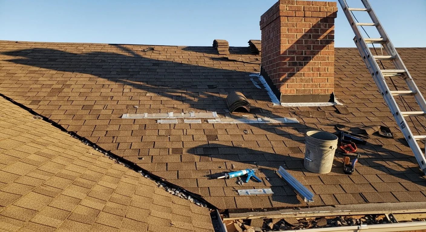 A Lubbock, TX residential roof mid-repair showing replaced shingles and resealed flashing around a vent pipe. A KingMade CRC LLC crew member inspects the repaired section on a low-pitch South Plains home.