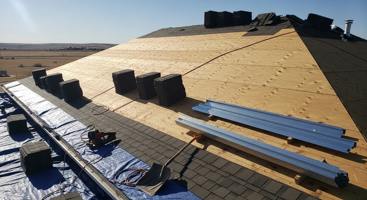 A completed residential roof replacement on a single-story Lubbock, TX home, showing new architectural shingles installed across a low-pitch gable roof. The finished surface is clean and uniform against a clear West Texas sky.
