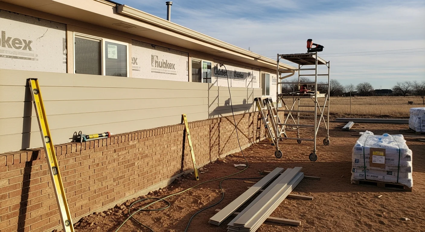 Freshly installed exterior siding on a single-story residential home in Lubbock, TX, with clean panel lines and tight seams visible along the front and side walls. The surrounding yard shows a typical South Plains neighborhood setting with a clear sky overhead.