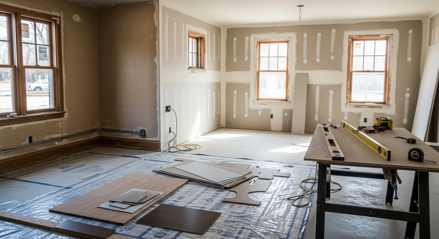 A fully renovated single-family home interior in Lubbock, TX showing an open kitchen and living area with updated flooring and fresh drywall. The space reflects a complete whole-home renovation managed by a general contractor.