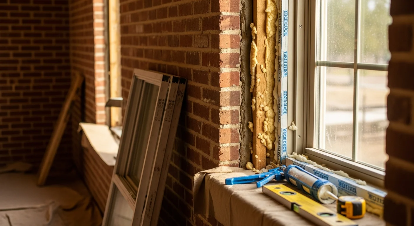 A Lubbock, TX home exterior showing newly installed replacement windows with clean frames and tight seals along the siding. The windows are viewed from the front of the house under bright West Texas sunlight.
